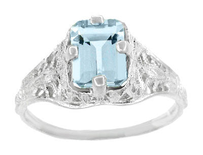 Art Deco Emerald Cut Aquamarine Filigree Engagement Ring in 18K White Gold