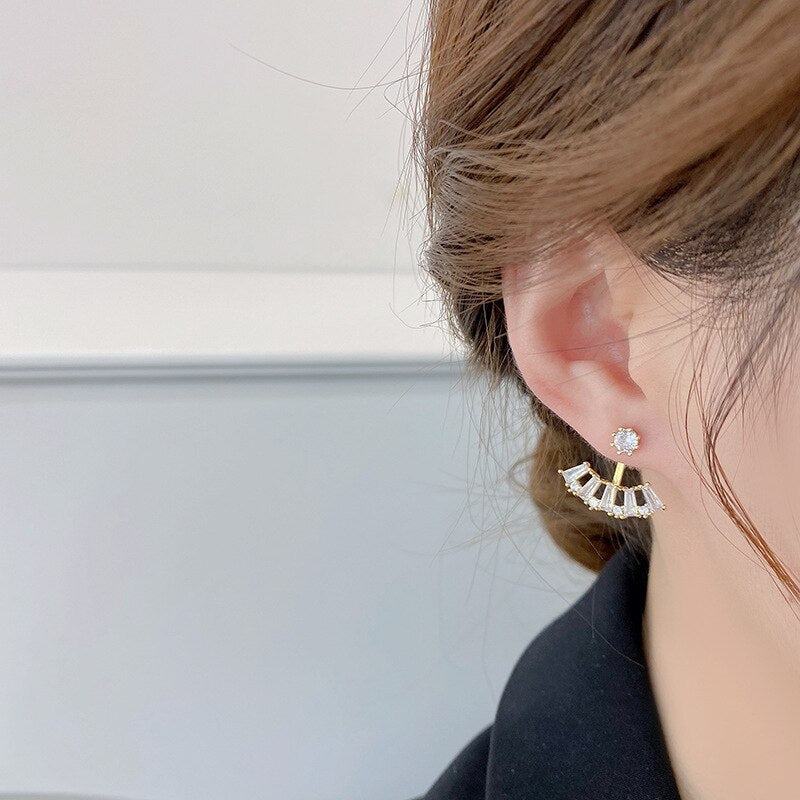 Korean Design Exquisite Copper Inlaid Zircon Fan-Shaped Hook Earrings for Women