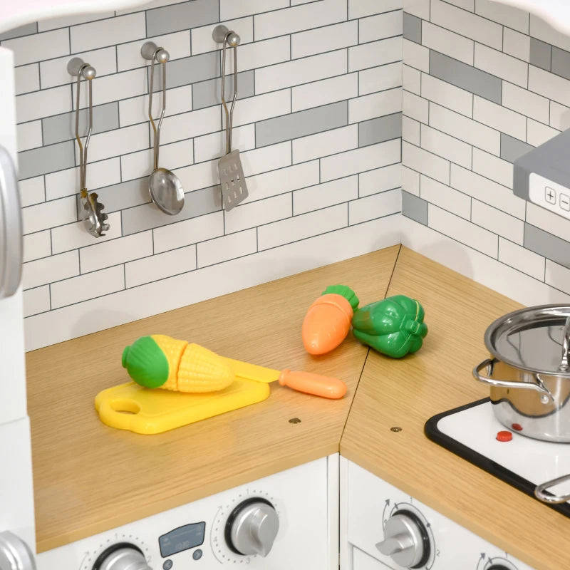 Qaba Corner Play Kitchen with Lights & Sounds, Wooden Kids Kitchen Playset with Storage, Ice Maker, and Accessories