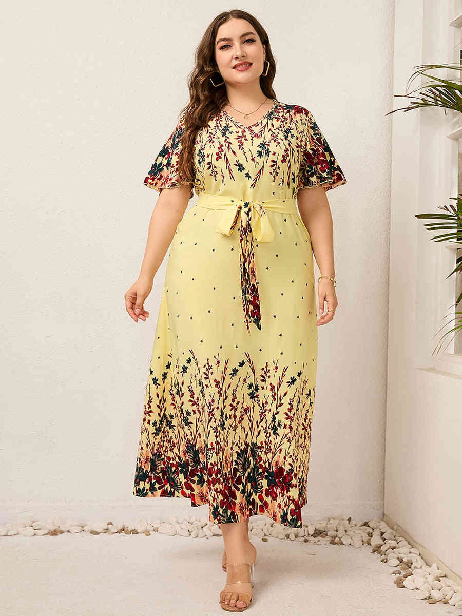 2023 Women Summer Long Dress V Neck Short Sleeve Floral Print Boho Beach Dress
