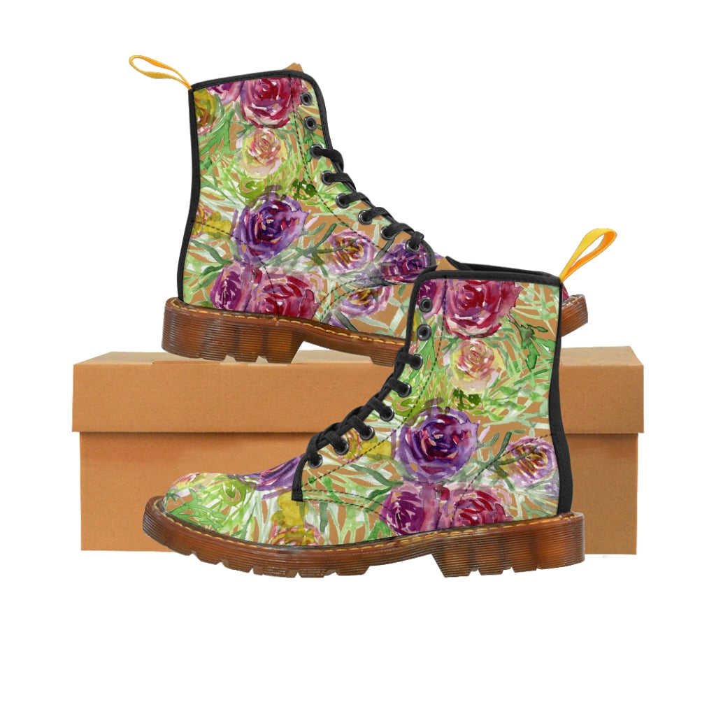 Brown Yellow Floral Women's Boots - Vintage Style Hiking Combat Boots