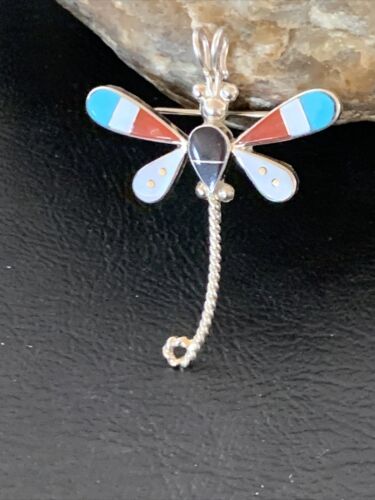 Handmade Zuni Turquoise MOP Inlay Dragonfly Sterling Silver Necklace Pendant