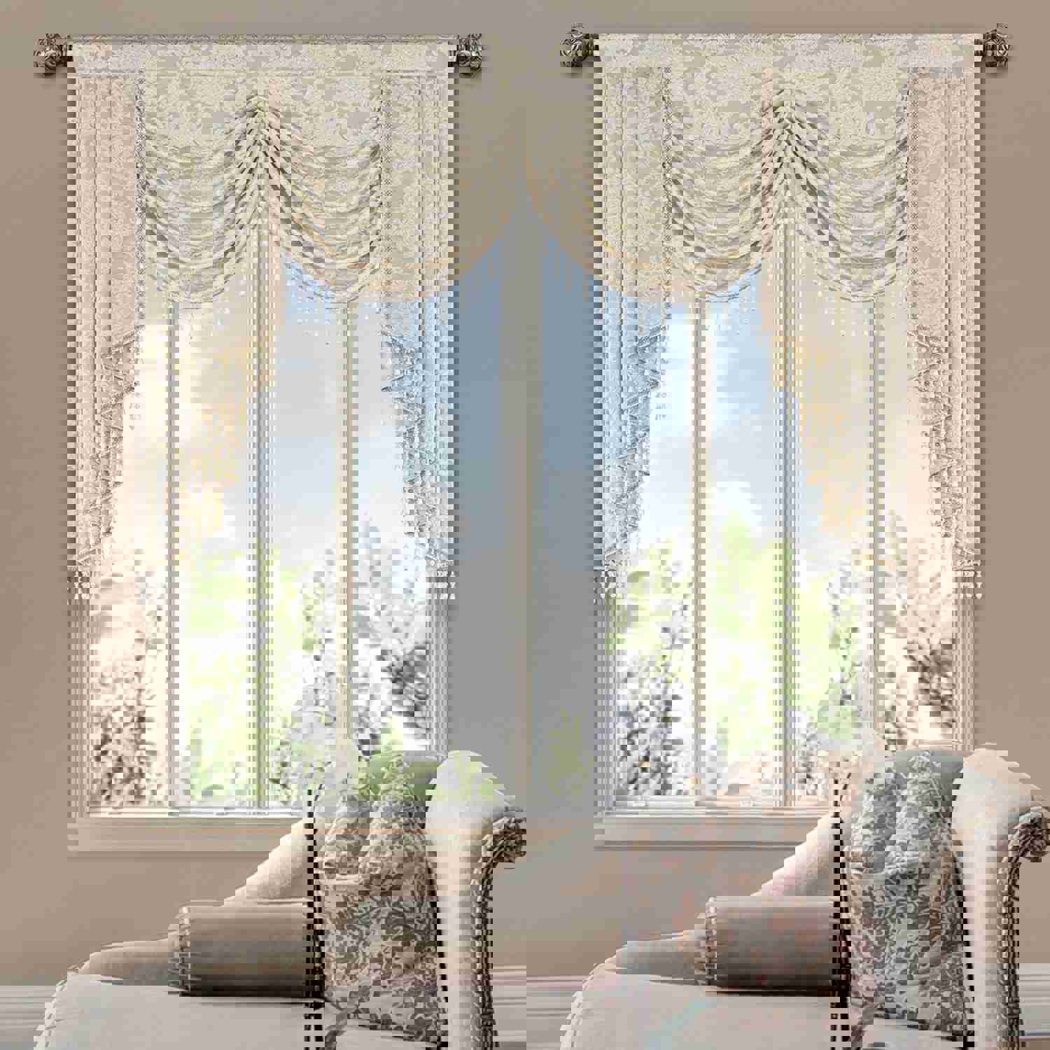 Alps Swag Valance - Beige with White Damask Patterns