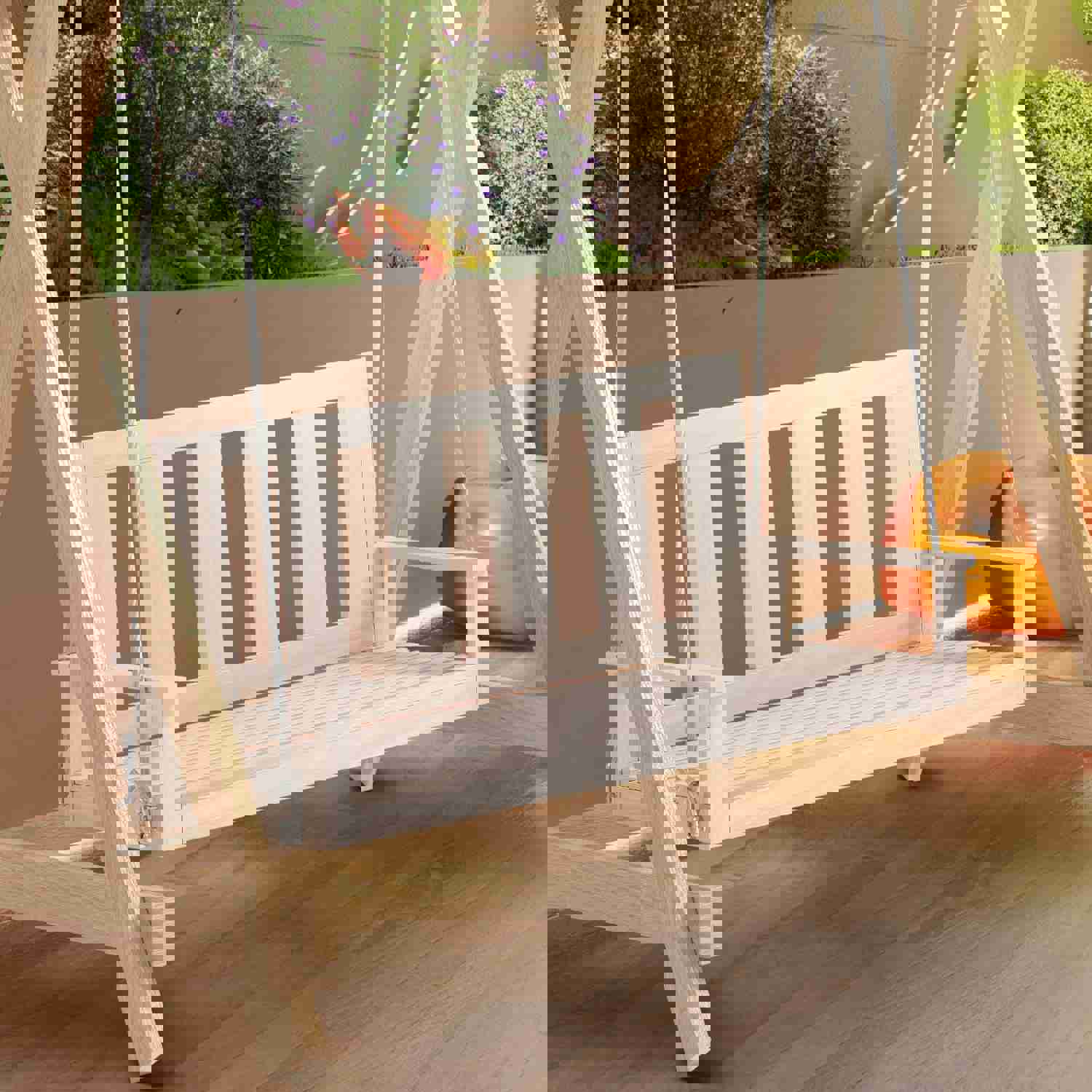 Mjkone Outdoor Wood Swing - 2-3 Seat Garden Swing for Adults and Kids, 700LBS Capacity