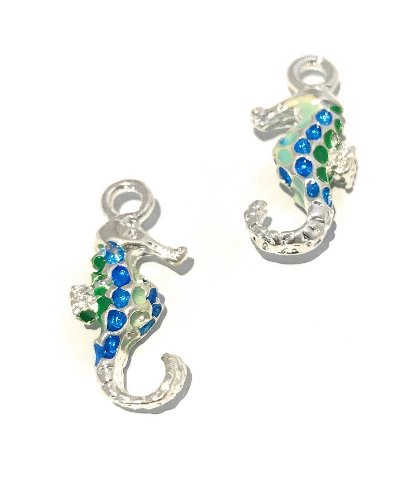 Silver Plated Double Sided Enamel Seahorse Charm for DIY Jewelry Making
