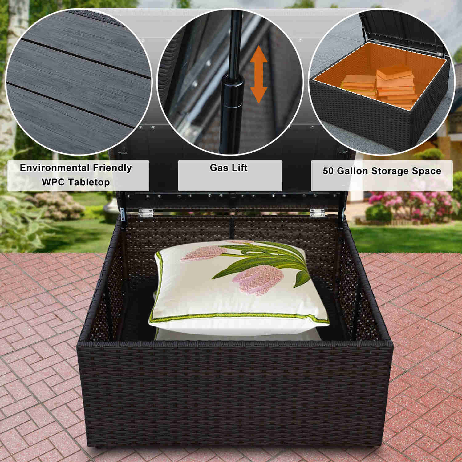7 Pcs Outdoor Sectional Sofa with Storage Table, Adjustable Backrest, and Wine Red Cushions