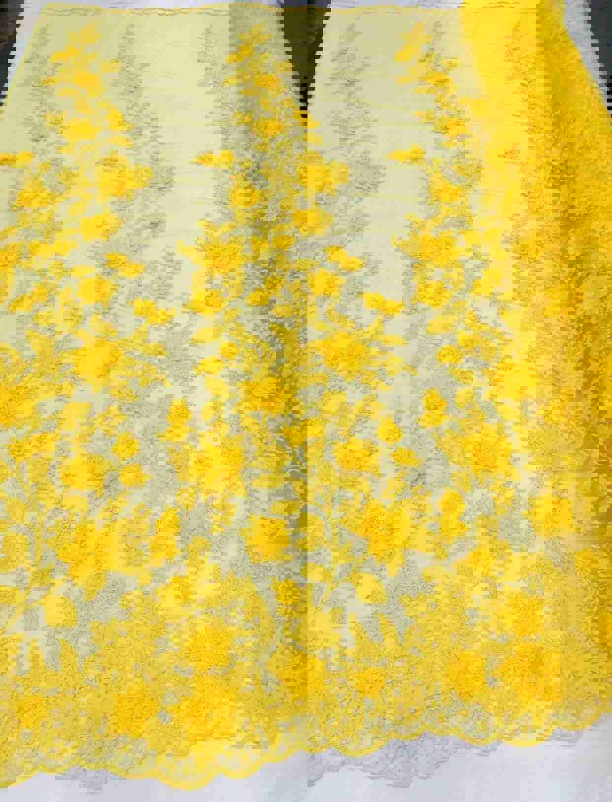 Yellow 3D Floral Embroidered Mesh Lace Fabric for Dresses and Decor