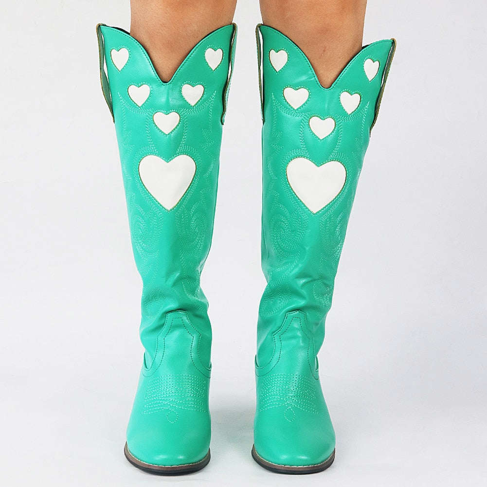 Pink Heart Shape Knee High Cowboy Boots For Women - Retro Western Style