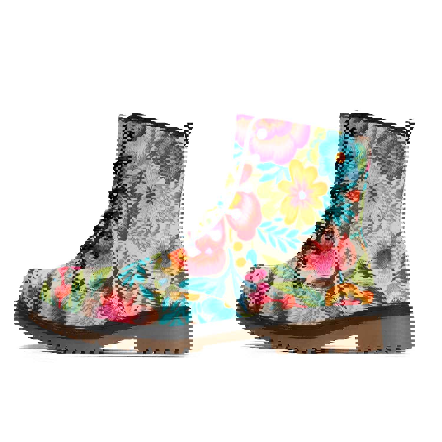 Colorful Flowers Womens Faux Embroidered Luxe Combat Boots