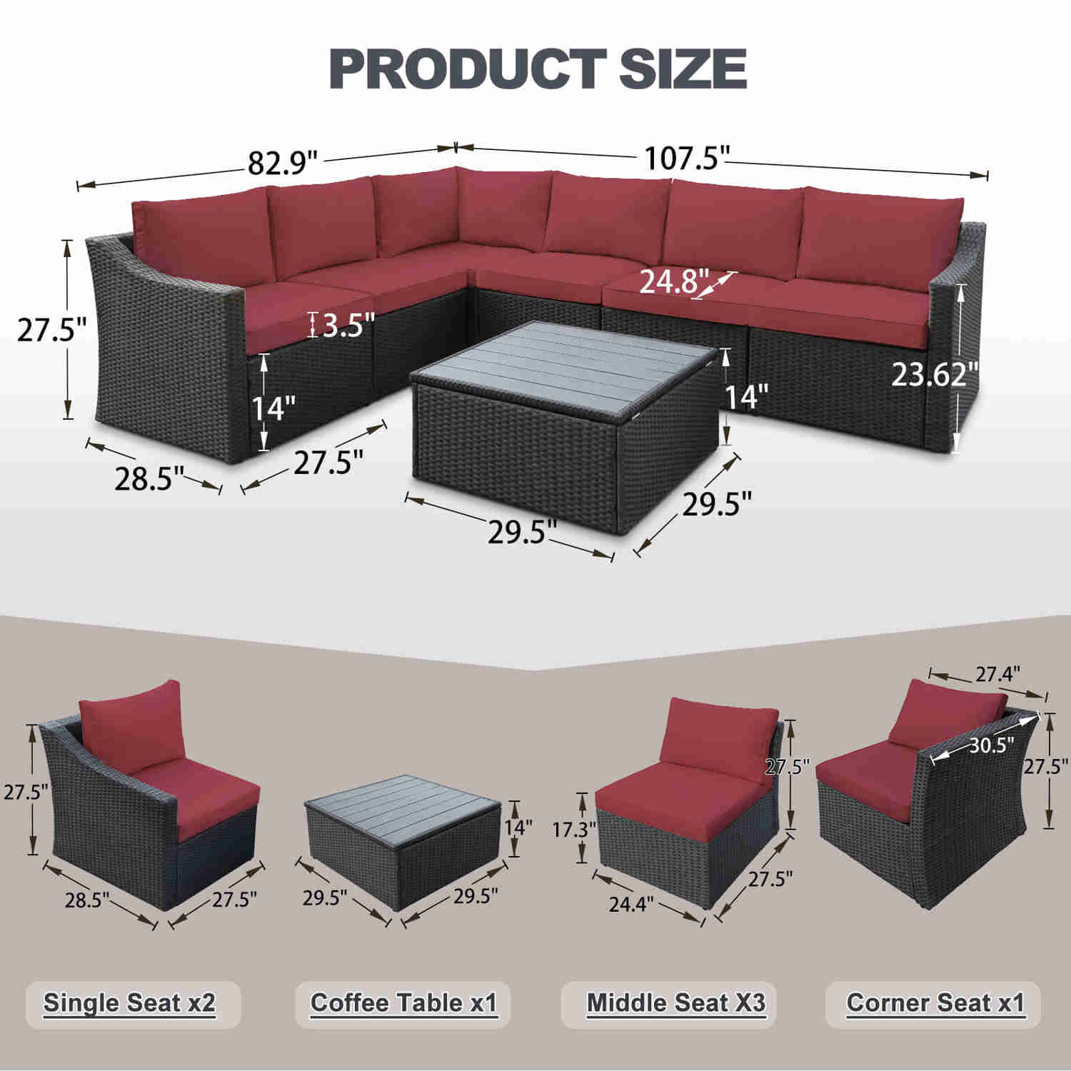 7 Pcs Outdoor Sectional Sofa with Storage Table, Adjustable Backrest, and Wine Red Cushions