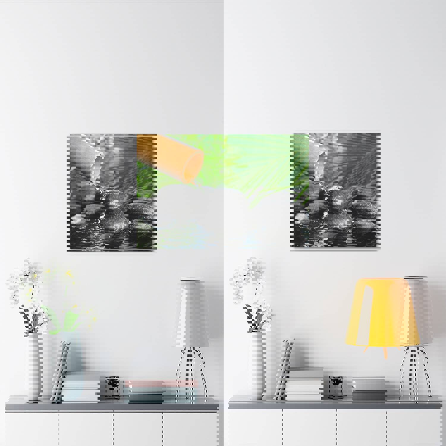 Bamboo Fountain with Stones Forest Floral Nature Photography Canvas Wall Art for Home Decor