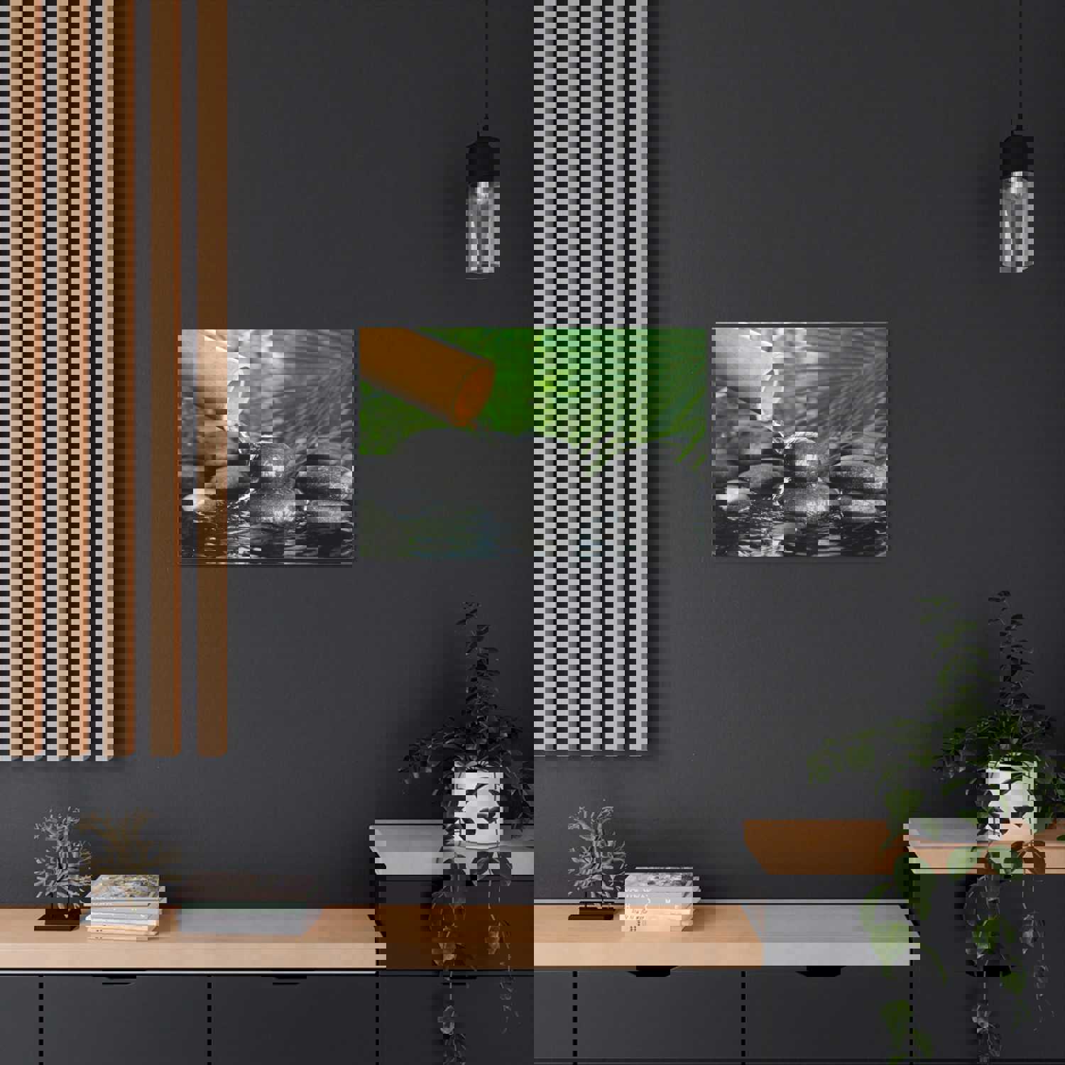 Bamboo Fountain with Stones Forest Floral Nature Photography Canvas Wall Art for Home Decor