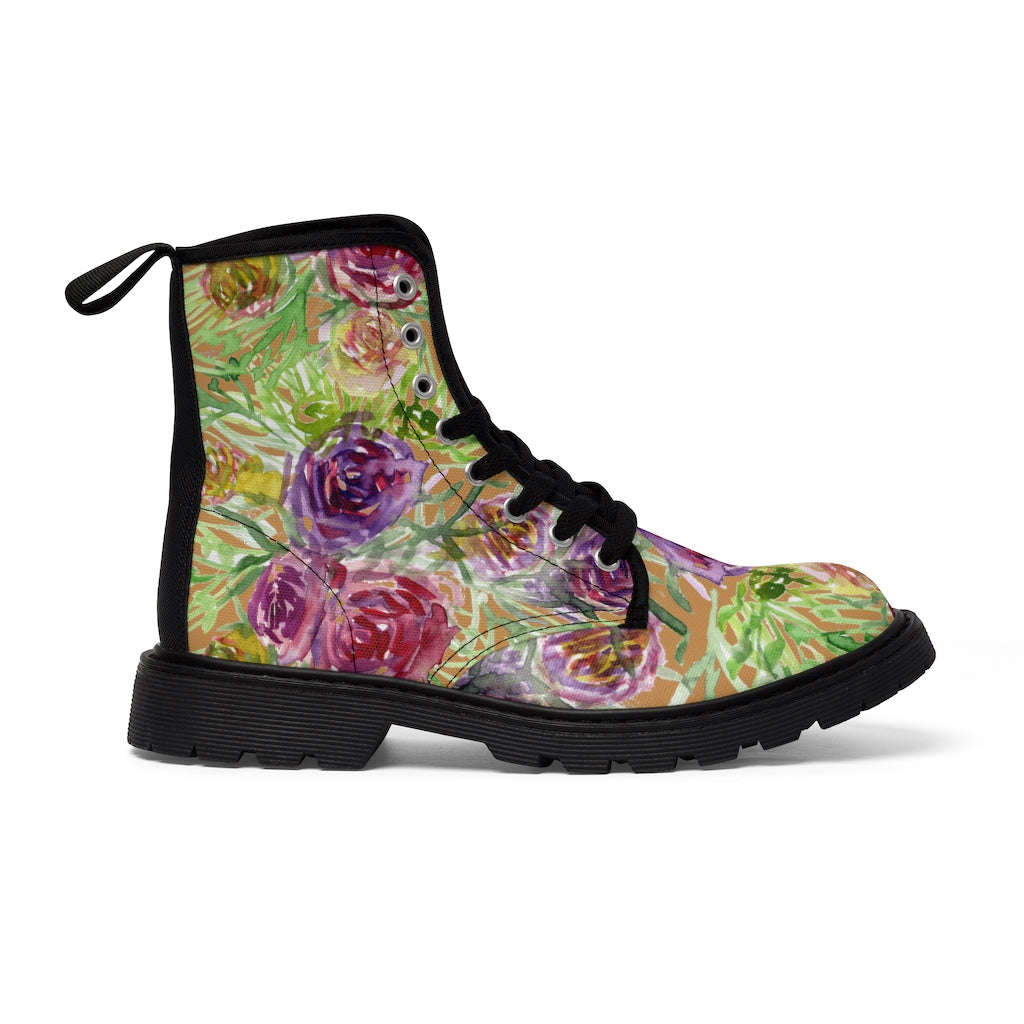 Brown Yellow Floral Women's Boots - Vintage Style Hiking Combat Boots
