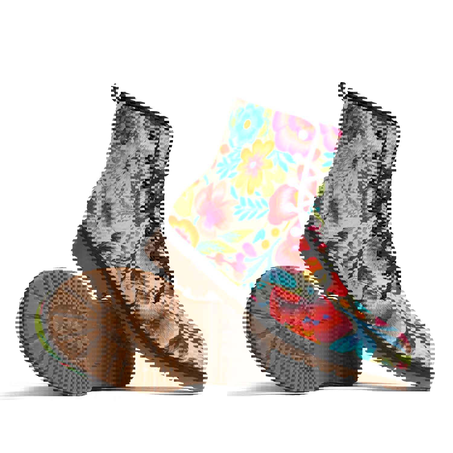 Colorful Flowers Womens Faux Embroidered Luxe Combat Boots