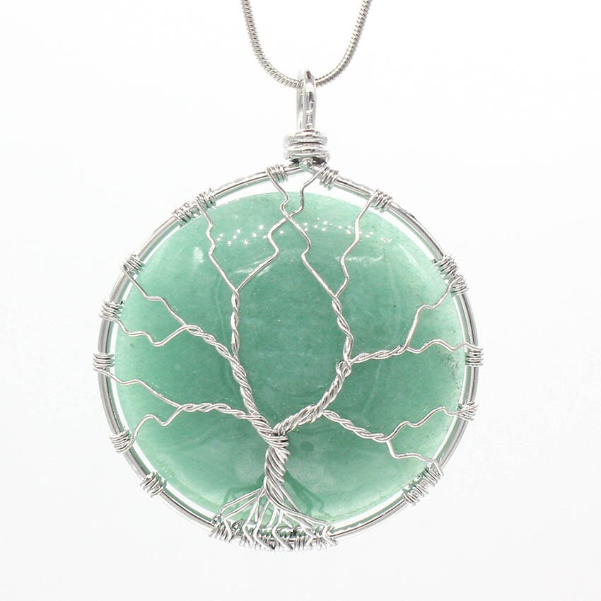 Natural Gnergy Gemstone Silver Plated Green Aventurine Tree of Life Pendant