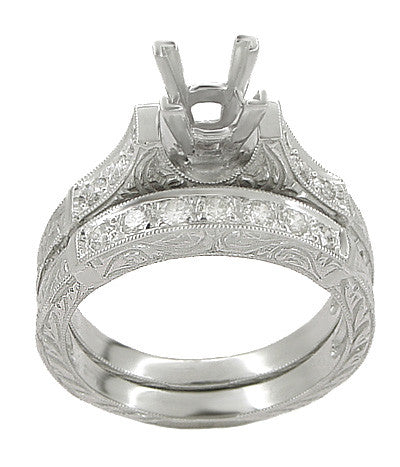 Platinum Art Deco Engraved Scrolls 2 Carat Princess Cut Diamond Engagement Ring Setting and Companion Wedding Ring