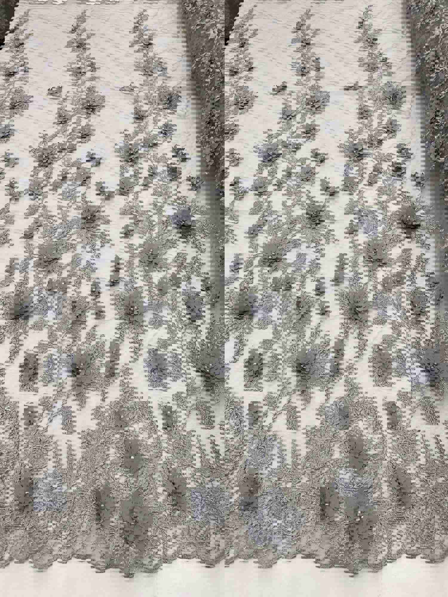 Silver Two Tone 3D Floral Design Embroidered and Beaded Lace with Pearls