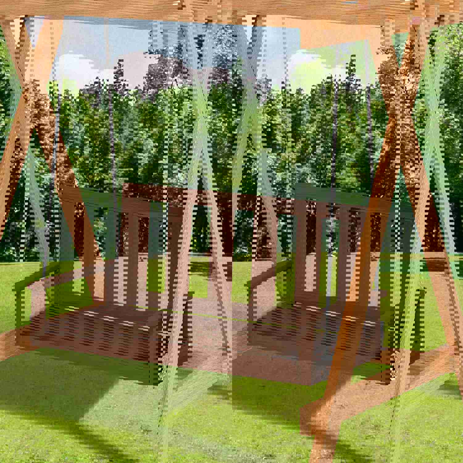 Mjkone Outdoor Wood Swing - 2-3 Seat Garden Swing for Adults and Kids, 700LBS Capacity