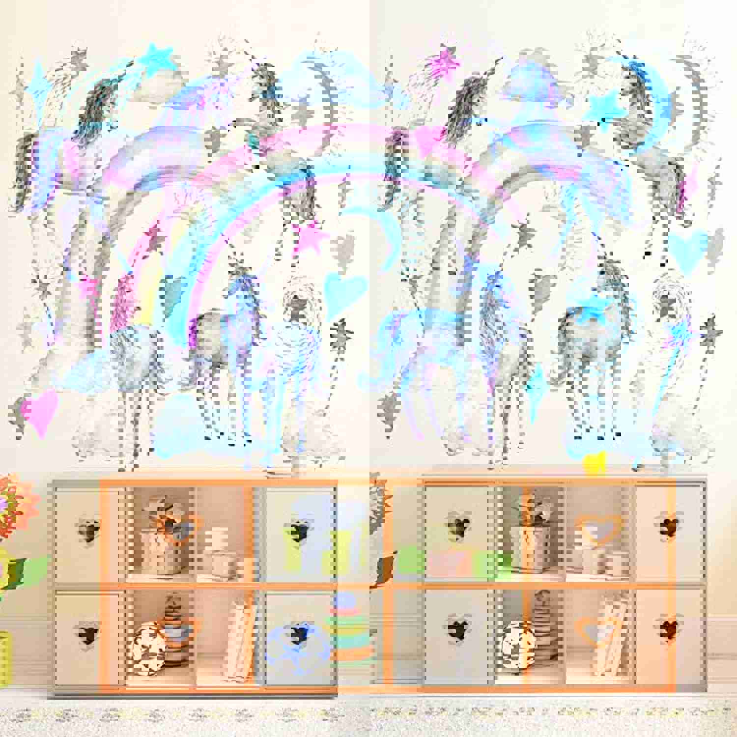 Leint Unicorn Wall Decals, Multi Color Unicorn Rainbow Vinyl Wall Stickers for Kids Room