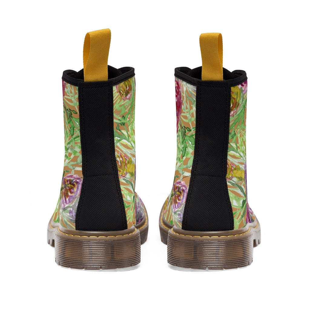 Brown Yellow Floral Women's Boots - Vintage Style Hiking Combat Boots