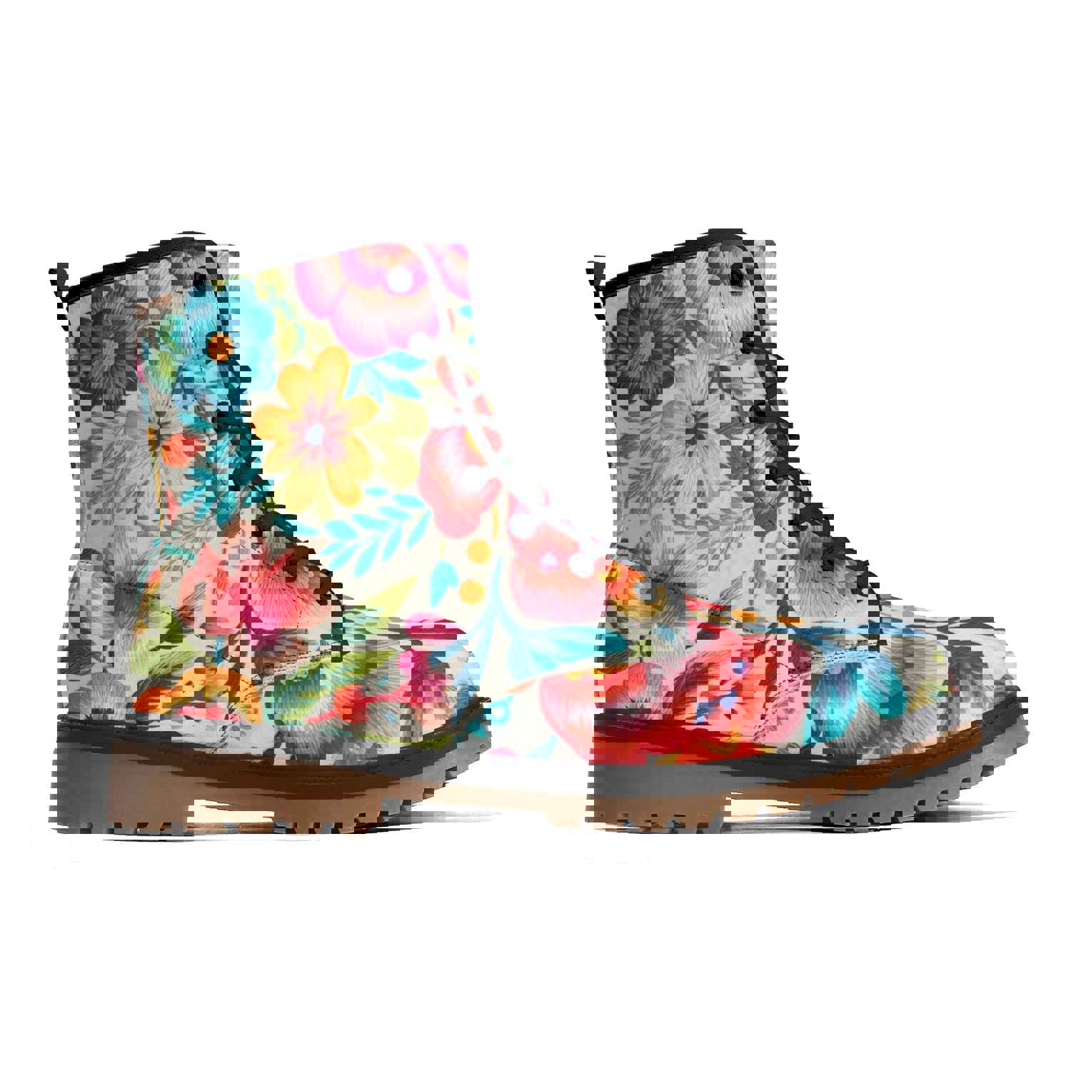 Colorful Flowers Womens Faux Embroidered Luxe Combat Boots