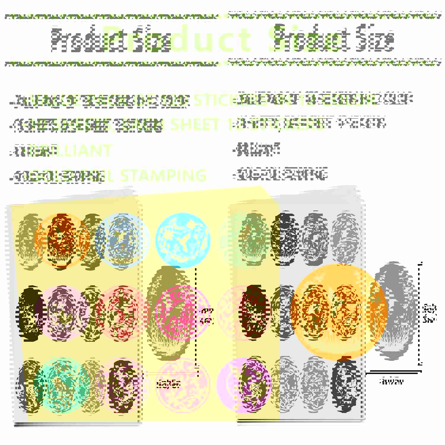 Craspire Paper Self Adhesive Gold Foil Embossed Stickers, Colorful Round Dot Decals for DIY Scrapbook, 12pcs/sheet, 10 sheets/set
