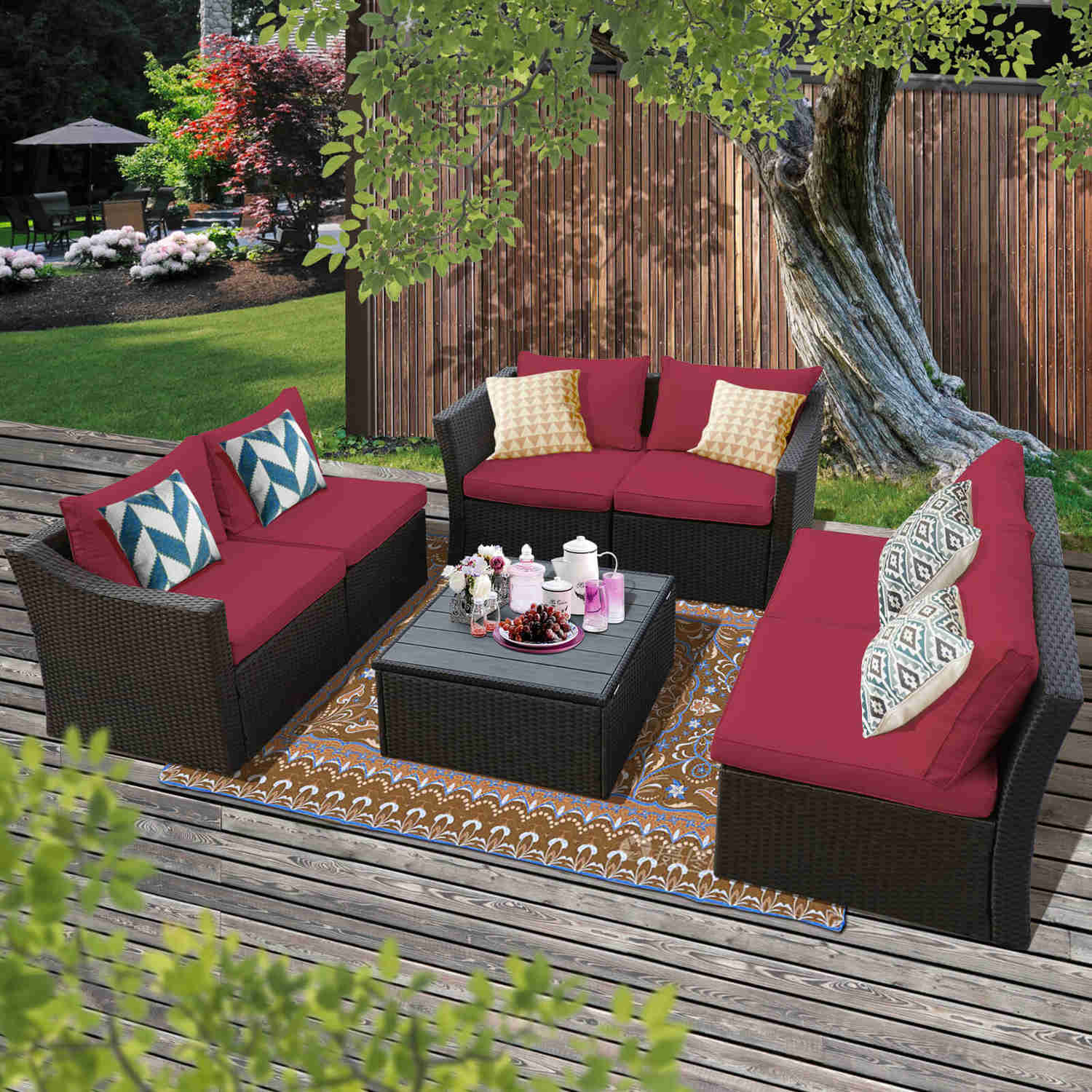 7 Pcs Outdoor Sectional Sofa with Storage Table, Adjustable Backrest, and Wine Red Cushions