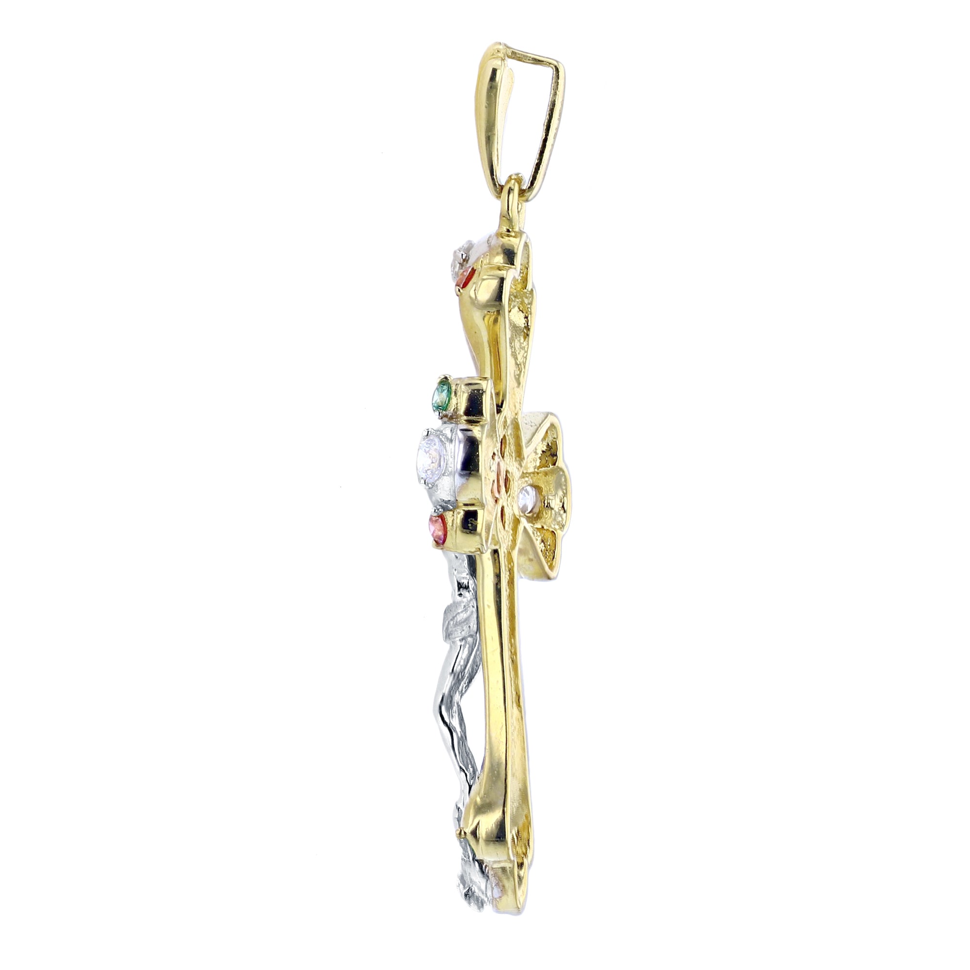 14K Gold Tricolor Ruby Emerald White Cross Pendant
