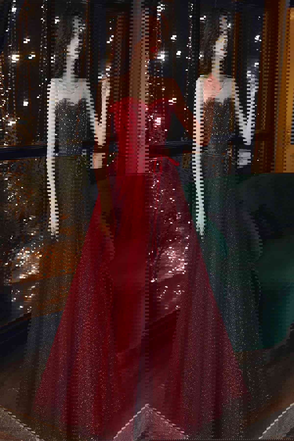 Shiny Round Neck Burgundy Long Tulle Prom Dresses, Wine Red Long Tulle Formal Evening Dresses