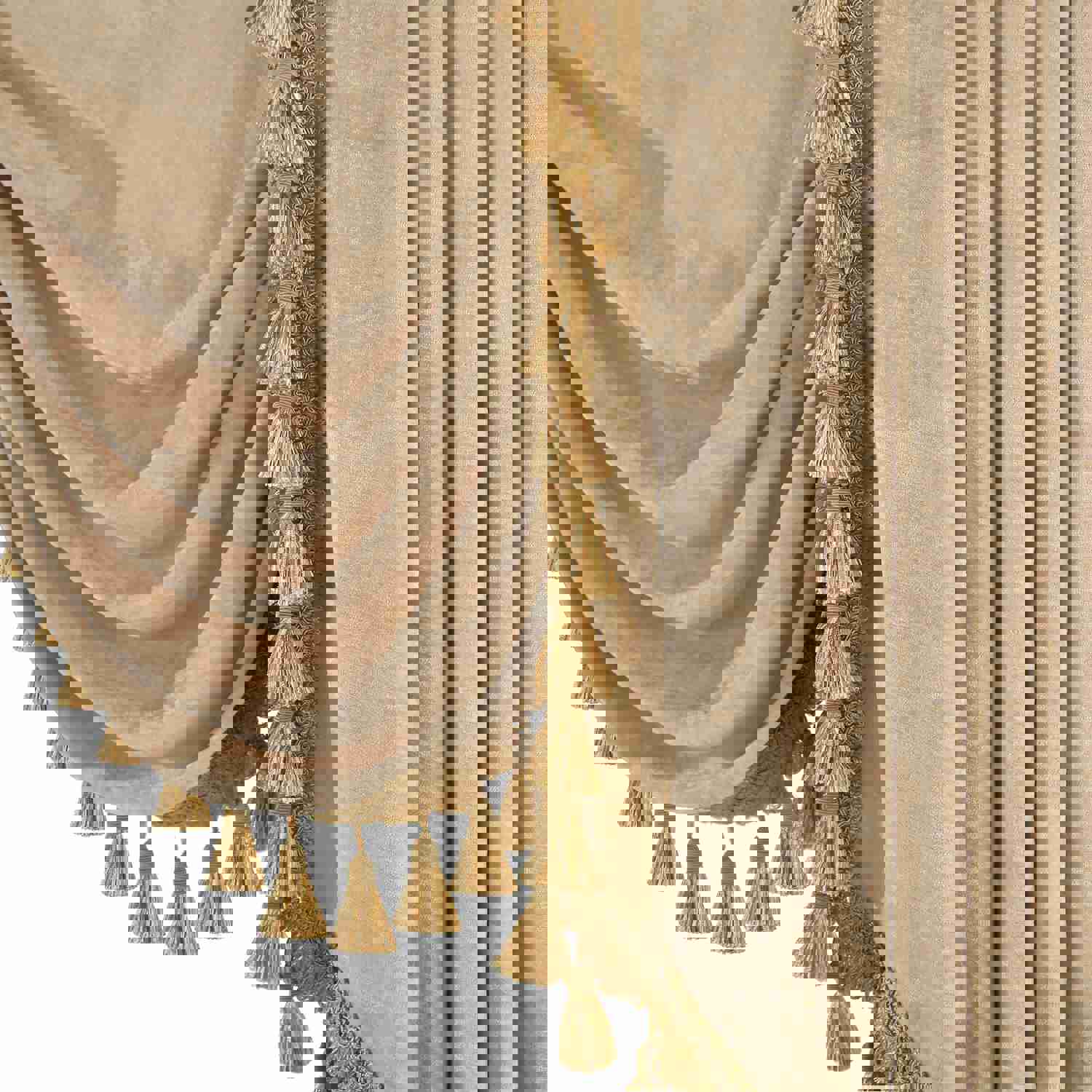 Beige Chenille Swag Valance with Beads and Tassels