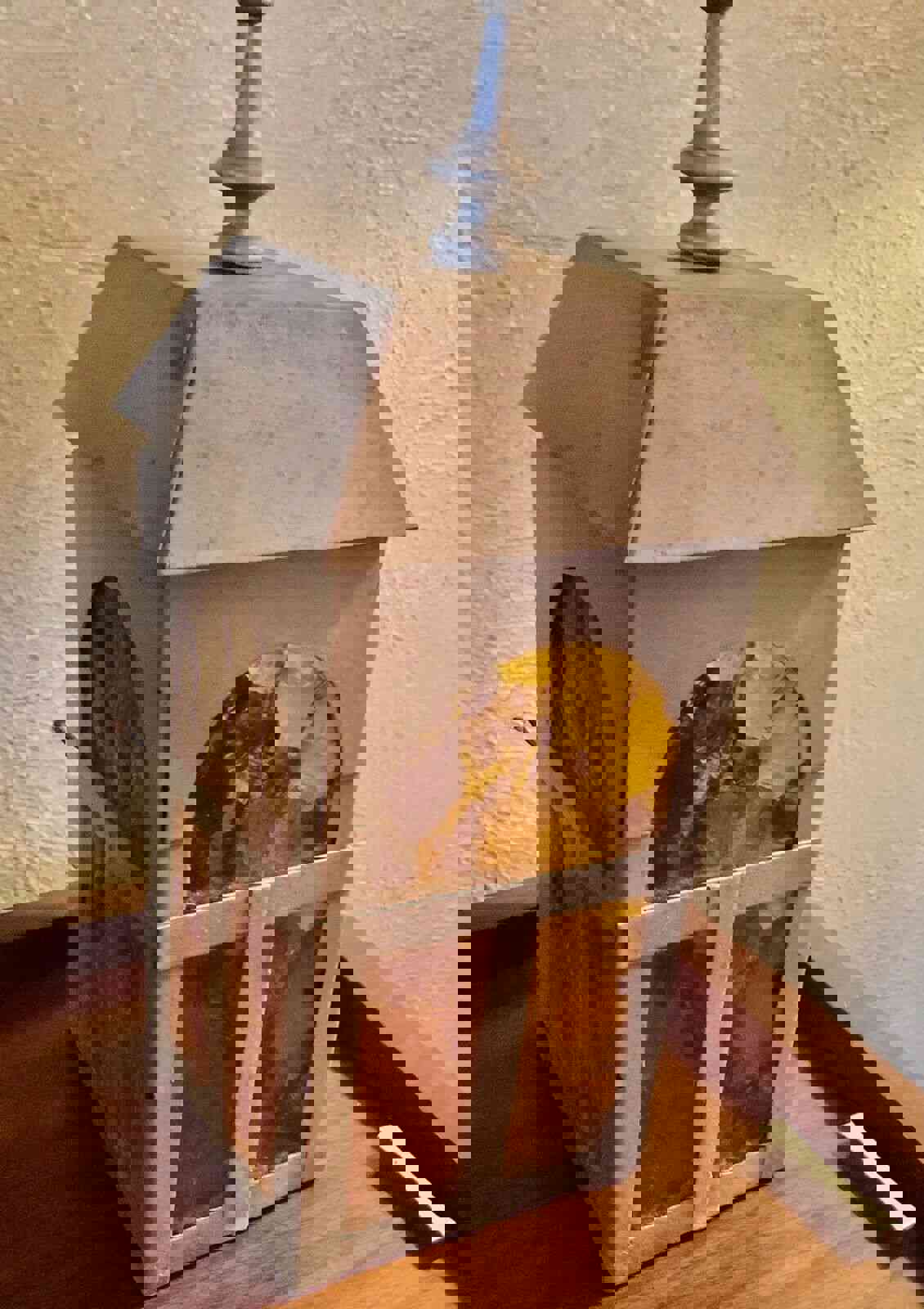 Vintage Gothic Tudor Arts & Crafts Porch Lantern Light Fixture with Amber Glass Sconce