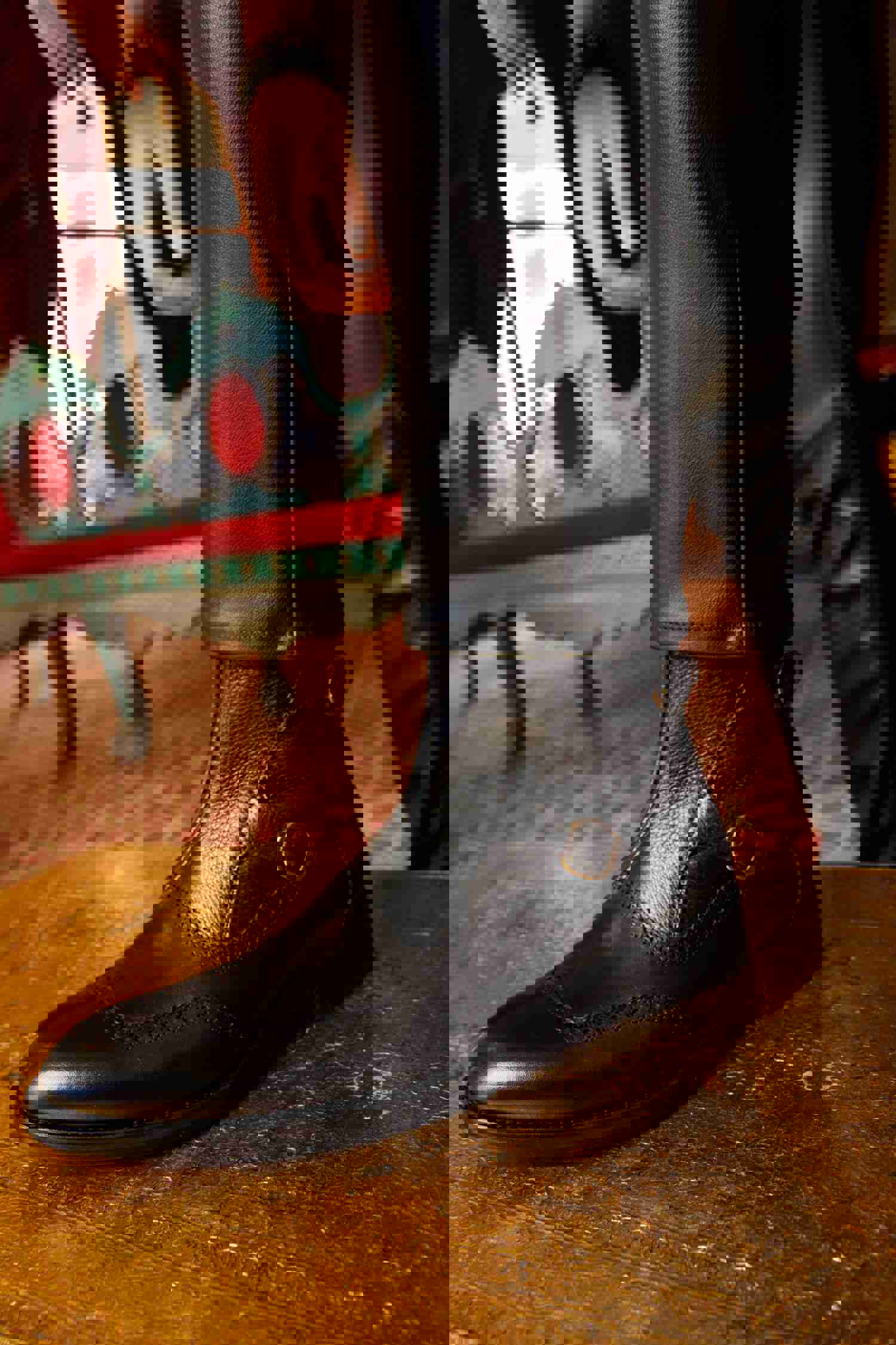 Rand Black Leather Double Buckle Brogue Men Boot with Zipper