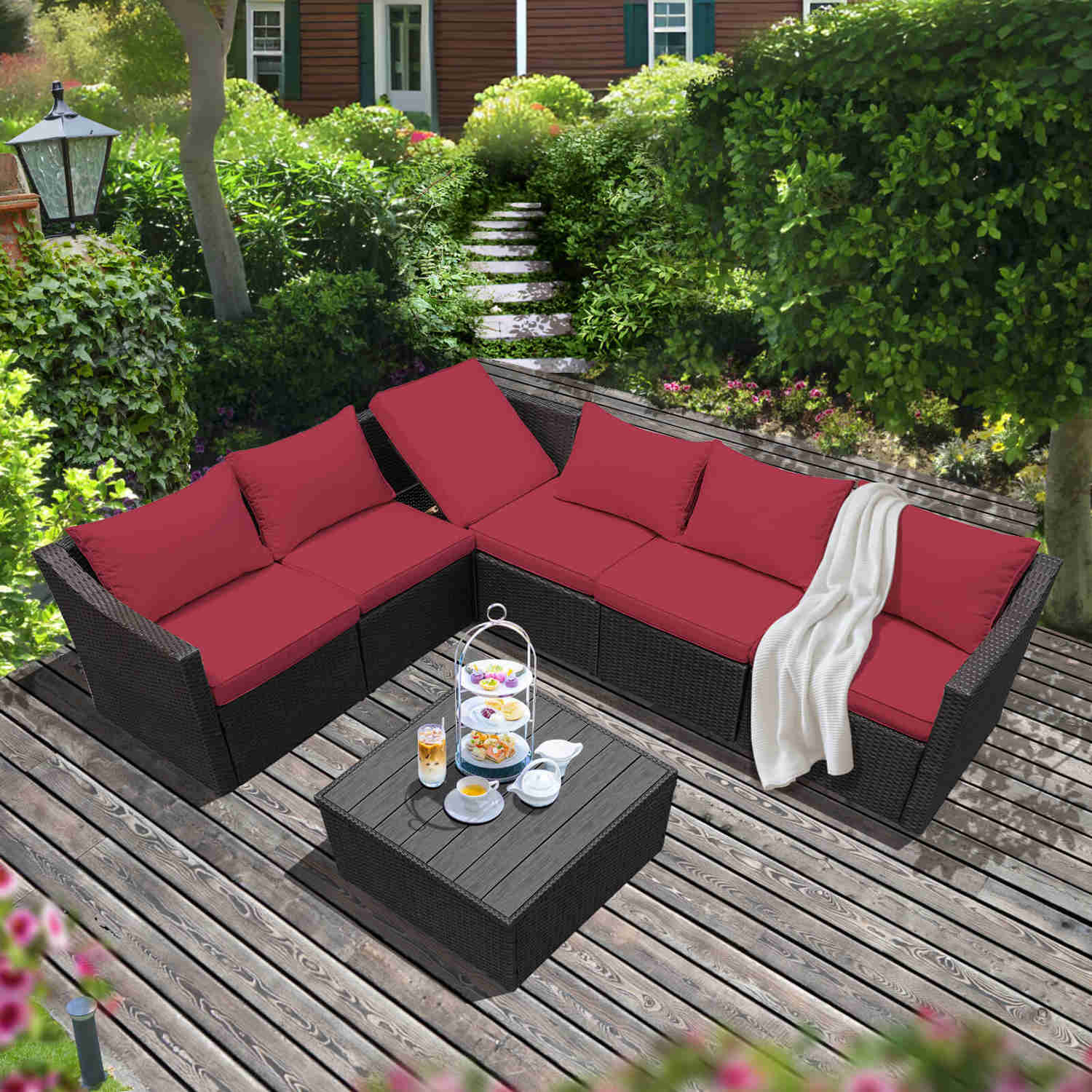 7 Pcs Outdoor Sectional Sofa with Storage Table, Adjustable Backrest, and Wine Red Cushions