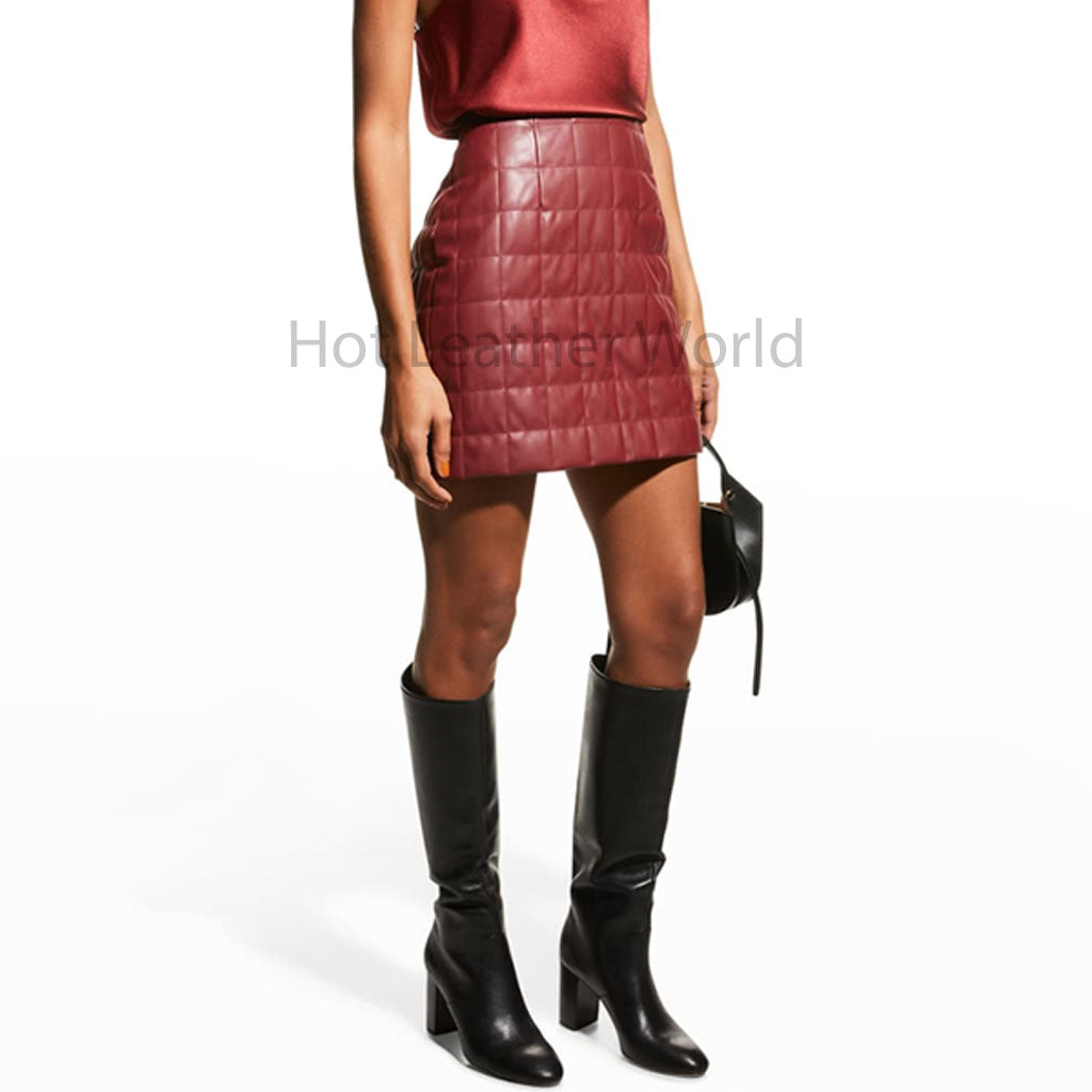 Classy Wine-Red Square Quilted Women Mini Leather Skirt