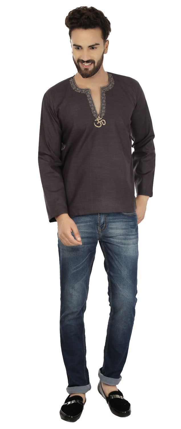 Cotton Dress Mens Short Kurta OM Shirt Indian Fashion Clothing (Carbon Black)