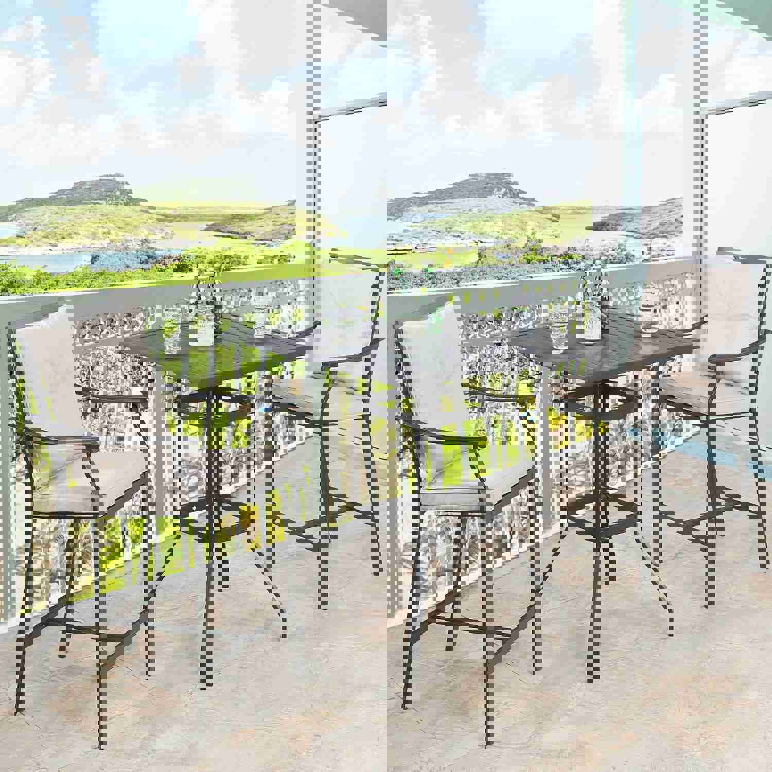 Outdoor 3-Piece Patio Bar Height Dining Set with Square Steel Table and Cushioned Stools