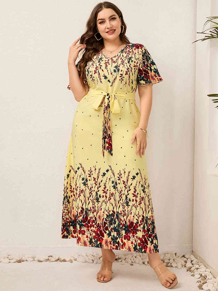 2023 Women Summer Long Dress V Neck Short Sleeve Floral Print Boho Beach Dress