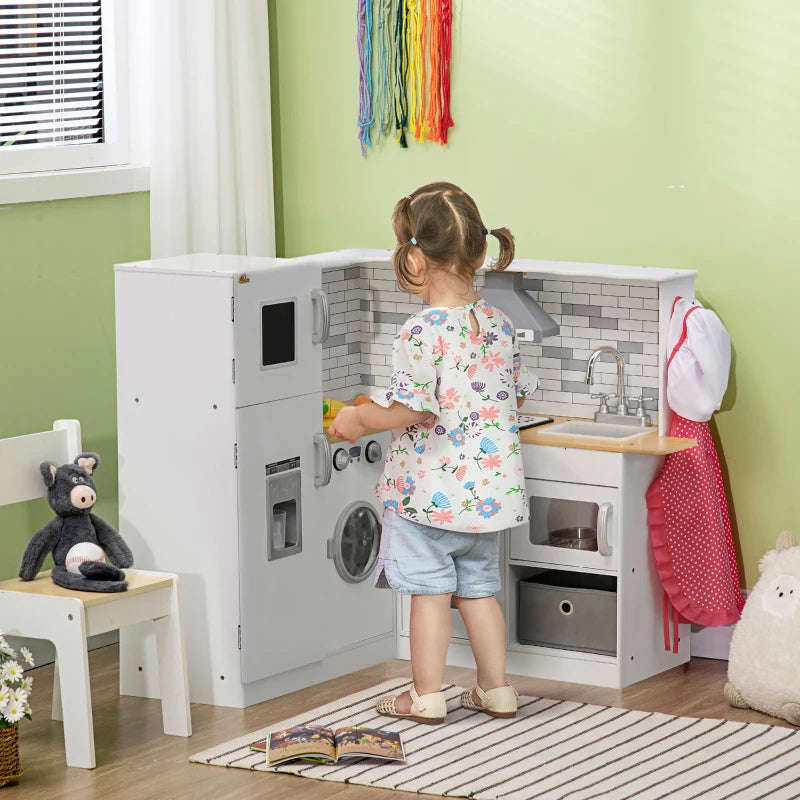 Qaba Corner Play Kitchen with Lights & Sounds, Wooden Kids Kitchen Playset with Storage, Ice Maker, and Accessories