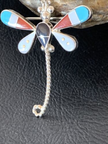 Handmade Zuni Turquoise MOP Inlay Dragonfly Sterling Silver Necklace Pendant