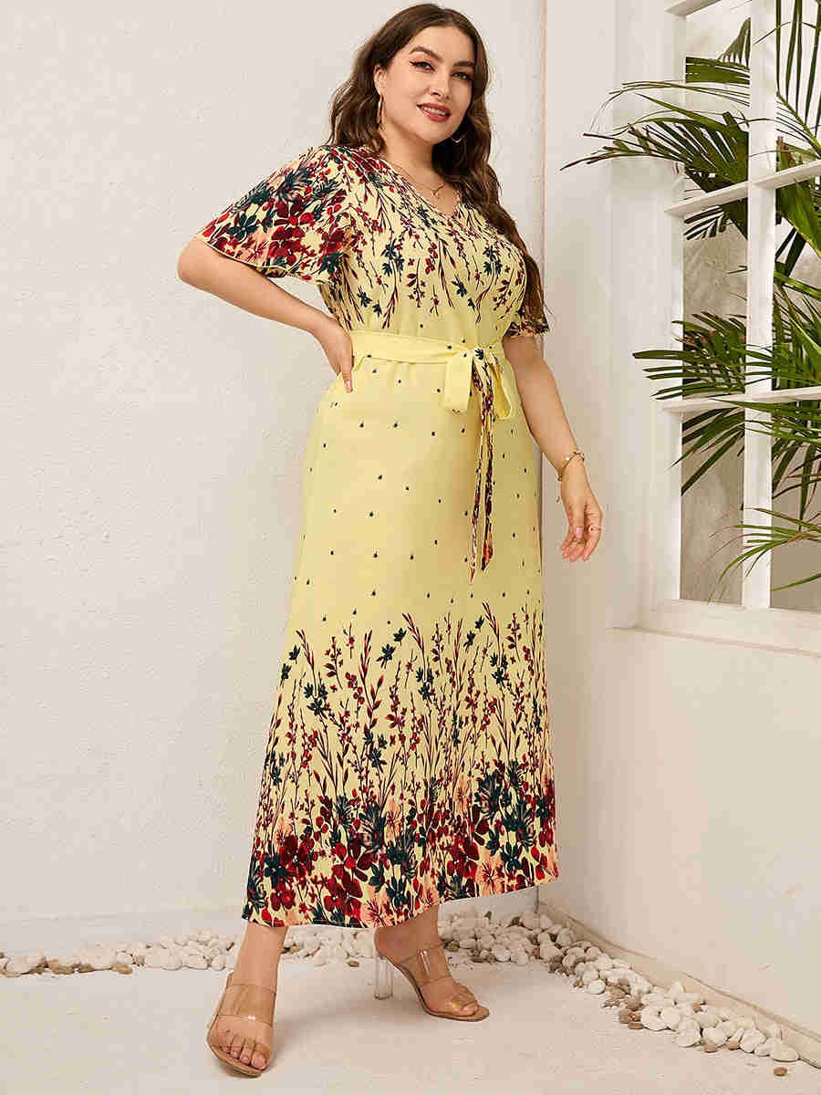 2023 Women Summer Long Dress V Neck Short Sleeve Floral Print Boho Beach Dress