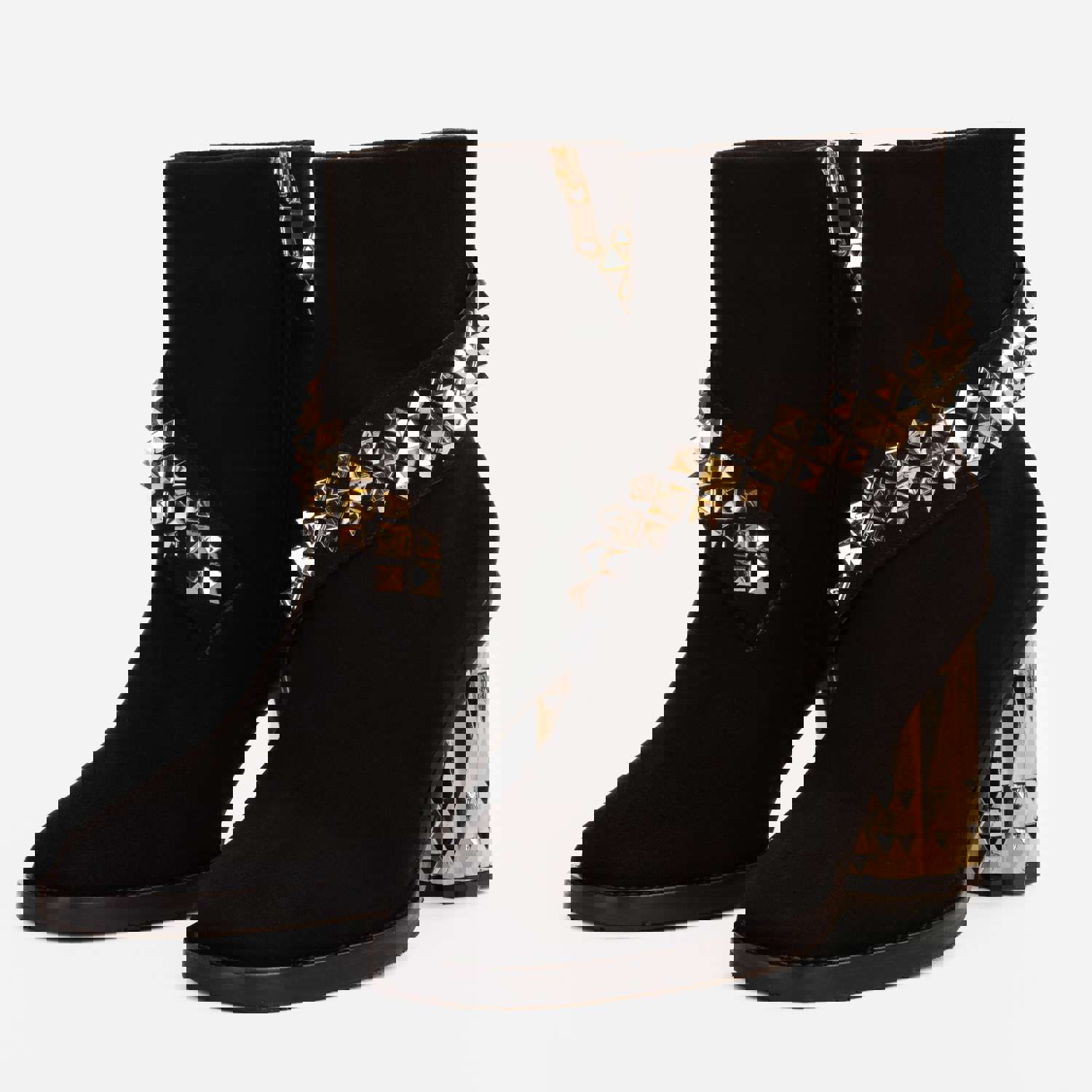 Metal Black Suede Leather Block Heel Women Boot