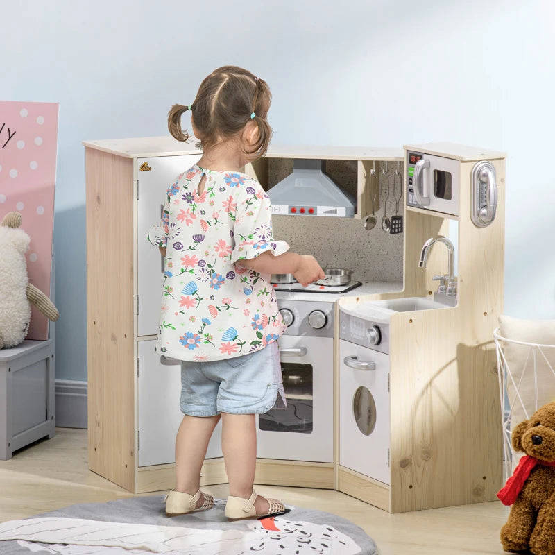 Qaba Corner Play Kitchen with Lights & Sounds, Wooden Kids Kitchen Playset with Storage, Ice Maker, and Accessories