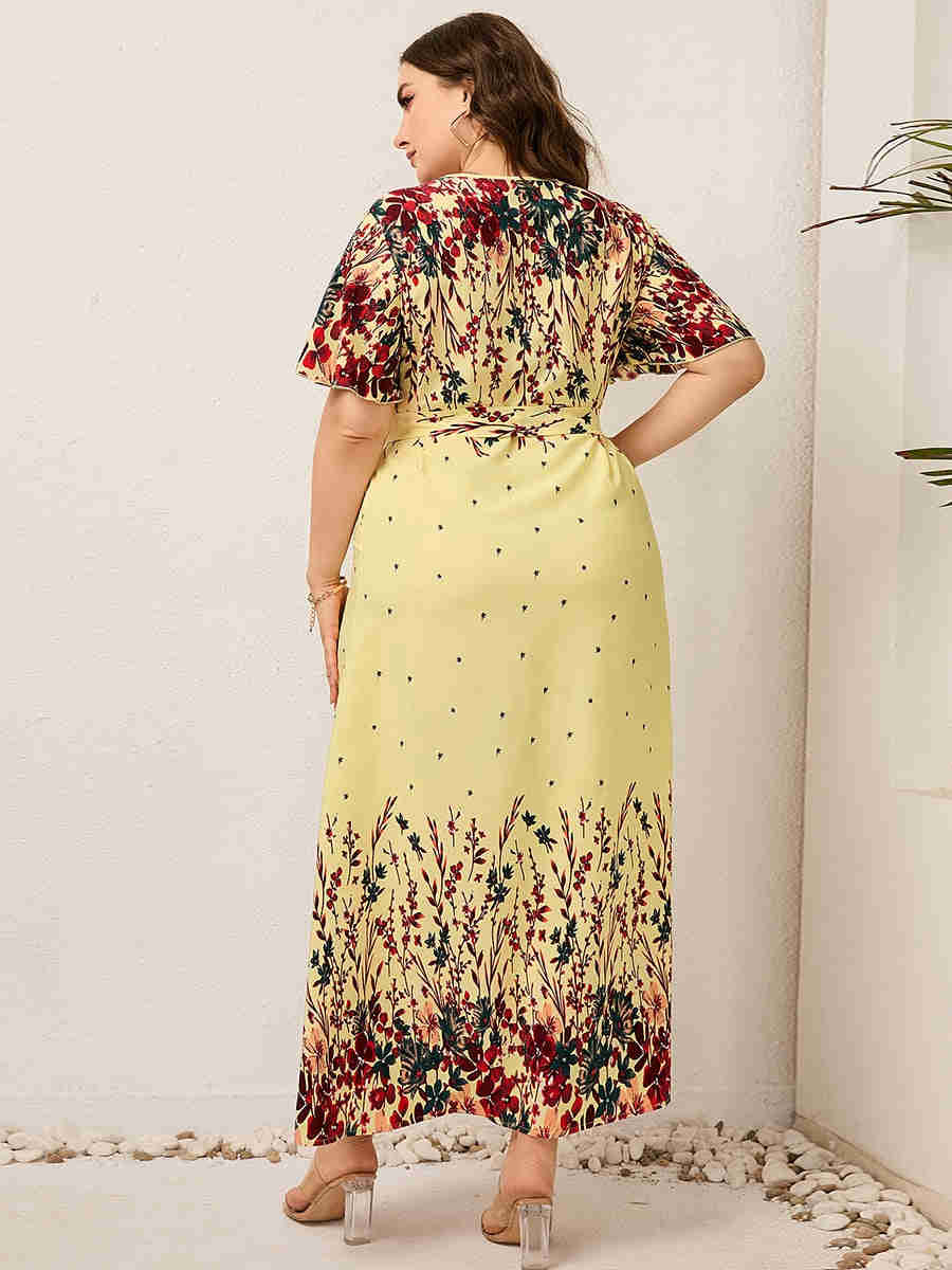 2023 Women Summer Long Dress V Neck Short Sleeve Floral Print Boho Beach Dress