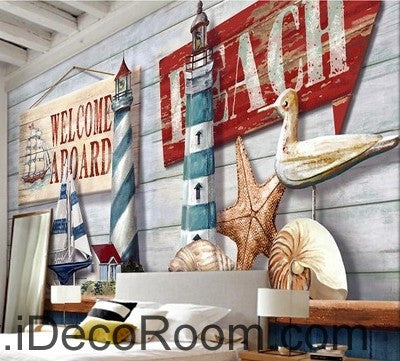 Retro Light House Sail Boat Shell Beach Wallpaper Wall Decals - Home Decor Mural Art Print