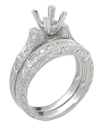 Platinum Art Deco Engraved Scrolls 2 Carat Princess Cut Diamond Engagement Ring Setting and Companion Wedding Ring