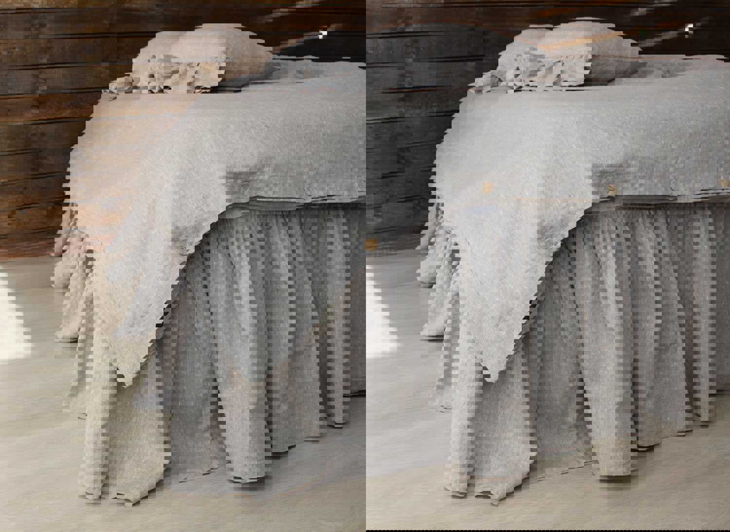 Romantic Linen Bedding Set - Ruffled Bed Valance and 2 Pillowcases with Ruffles - Twin, Full, Queen, King Sizes