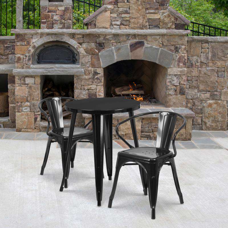 Flash Furniture Napoleon Commercial Grade 24 Round Black Metal Indoor-Outdoor Table Set with 2 Arm Chairs