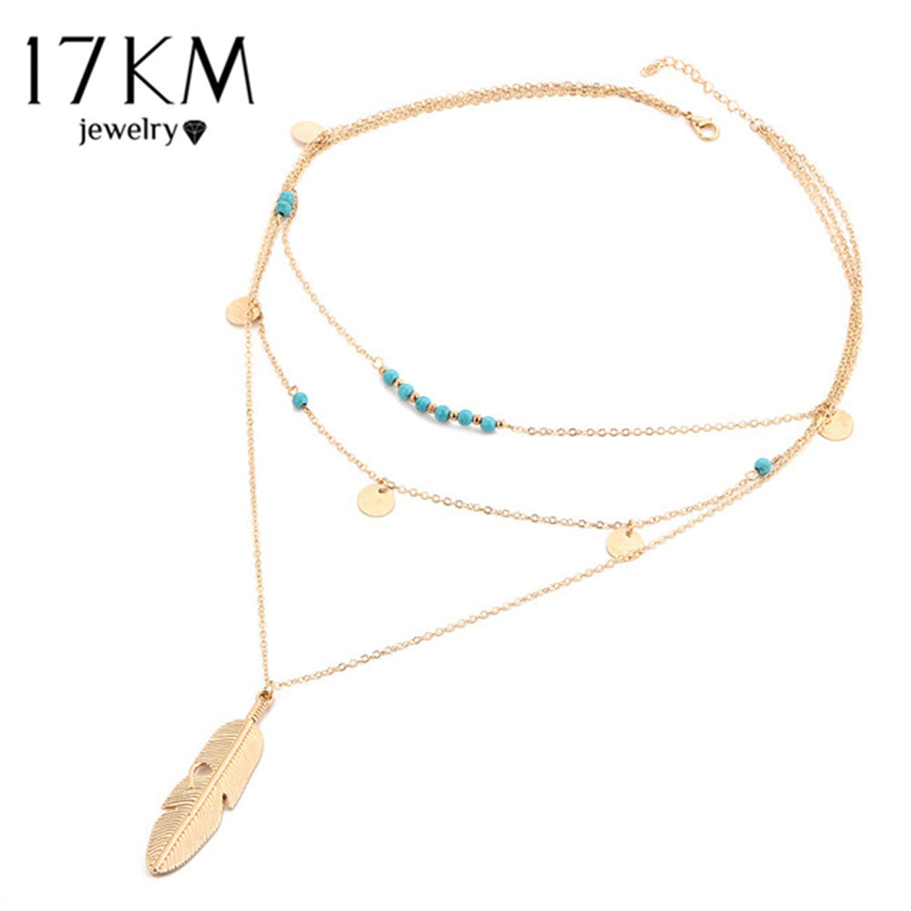 17KM Fashion Multi Layer Leaf Chain Necklaces for Women - Bohemian Blue Stone Choker Jewelry