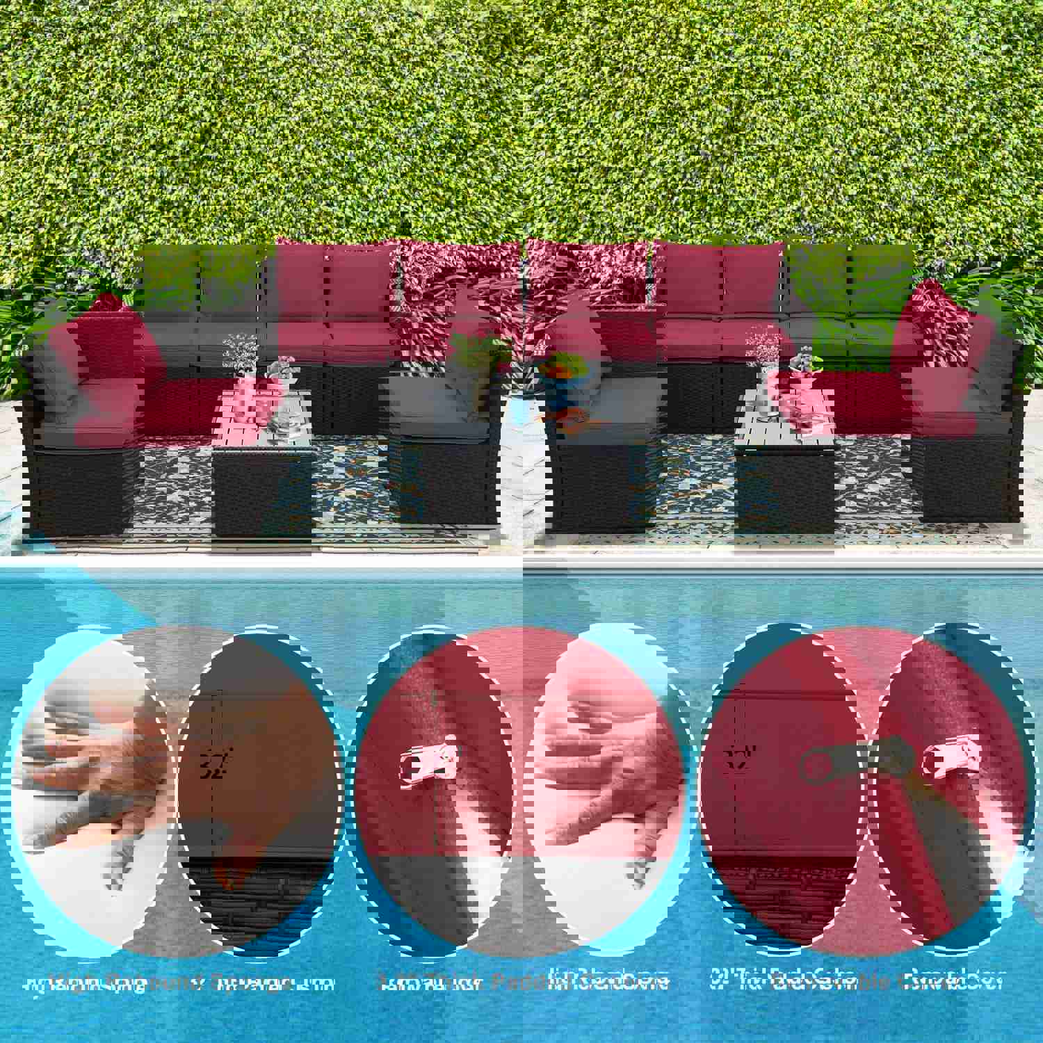 7 Pcs Outdoor Sectional Sofa with Storage Table, Adjustable Backrest, and Wine Red Cushions