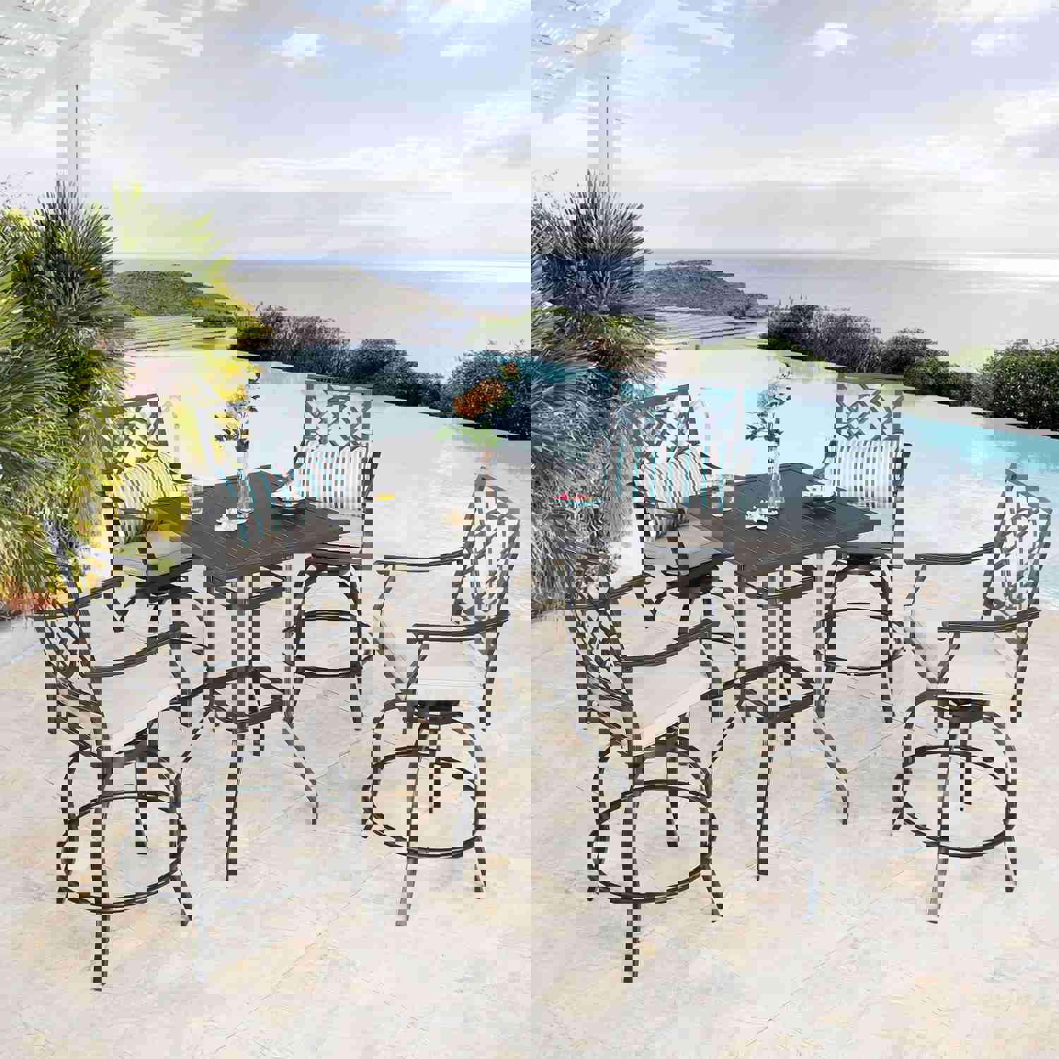 5-Piece Outdoor Patio Bar Set with Swivel Stools and Beige Cushions